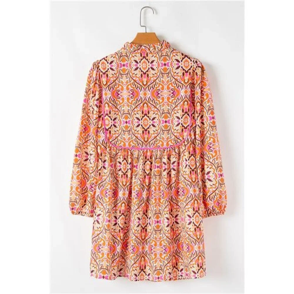 Printed Tie Neck Long Sleeve Mini Dress